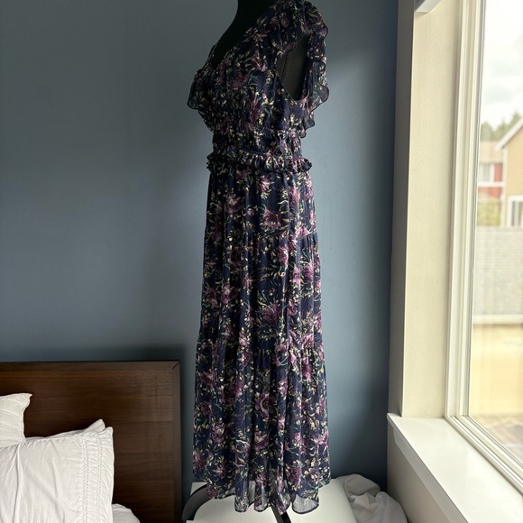 MELLODAY Floral Chiffon Midi Maxi Deep V-neck Flutter Sleeve Dress w Pockets - Picture 11 of 17